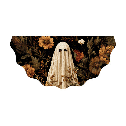 Scalloped vinyl bunting banner featuring a vintage-style illustrated ghost with autumn florals on black background, for Halloween doorway and porch decor