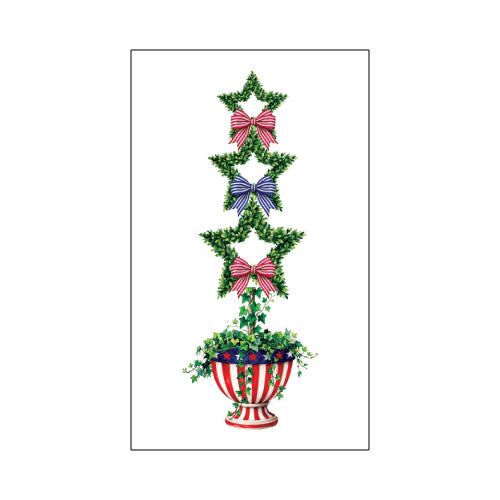 Star Topiary Signature Sign™ patriotic icon tile - three boxwood stars with striped bows in a stars and stripes urn