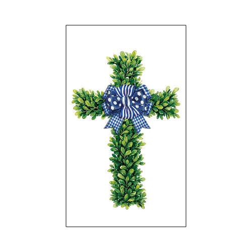 Boxwood Cross Signature Sign™ Easter icon tile - green boxwood cross with blue gingham polka dot bow, 3 x 5 inch PVC tile