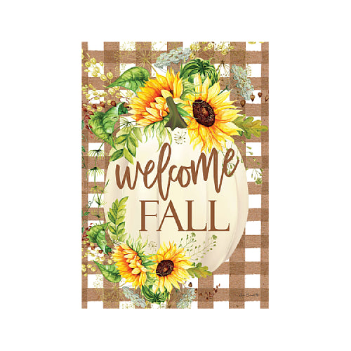 Welcome autumn with the Sunflower Pumpkin 12x18 garden flag. Add cheerful harvest charm to your garden, walkway, or porch with Wind Sensations.