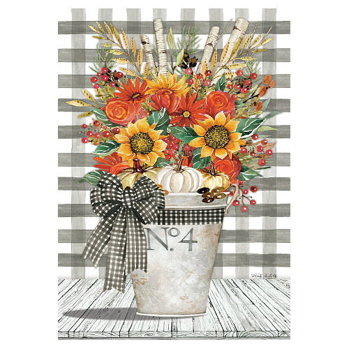 Fall house flag with sunflowers, orange flowers, white pumpkins, and berries in a metal bucket with a gingham bow against a gray-and-white checkered background. 