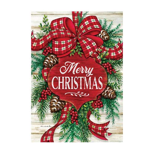 Christmas-themed decorative flag with red bow, greenery, and 'Merry Christmas' text on a wooden background.
