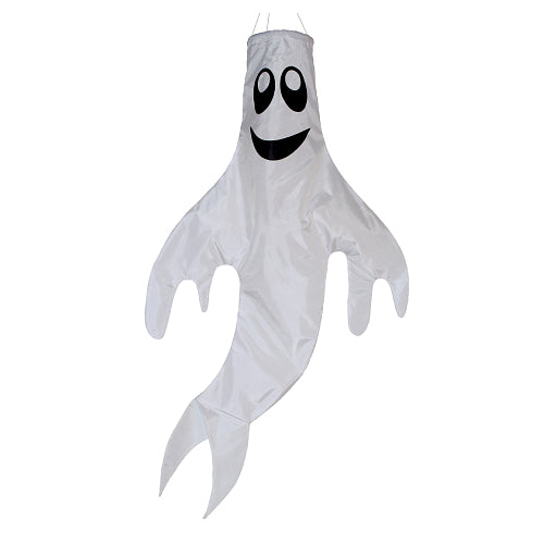 White 3D ghost Halloween windsock with black oval eyes, a smiling mouth, outstretched arms, and a trailing tail.