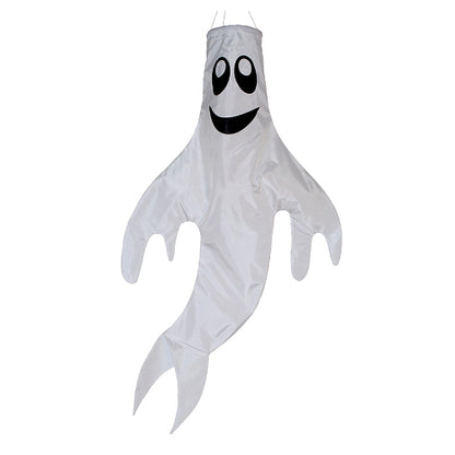 White 3D ghost Halloween windsock with black oval eyes, a smiling mouth, outstretched arms, and a trailing tail.