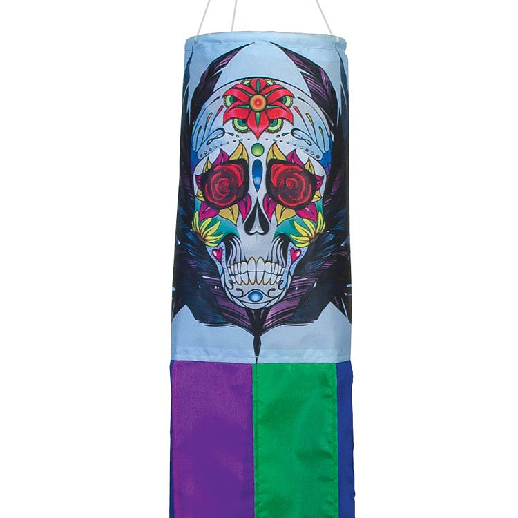 Close up view of the colorful windsock with a Día de los Muertos skull design from In The Breeze
