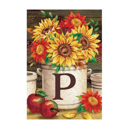 5026FM_sunflower-crock-monogram-P-garden-flag-12-x-18