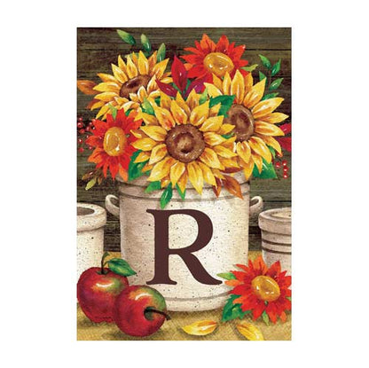 5027FM_sunflower-crock-monogram-R-garden-flag-12-x-18