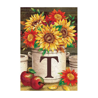 5029FM_sunflower-crock-monogram-T-garden-flag-12-x-18