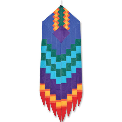 Blue goddess earring hanging banner with bold geometric chevron pattern in rainbow colors — purple, teal, green, orange, and red — 42-inch outdoor garden décor