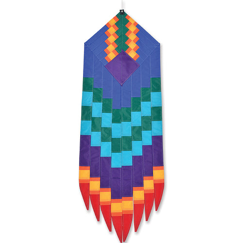 Blue goddess earring hanging banner with bold geometric chevron pattern in rainbow colors — purple, teal, green, orange, and red — 42-inch outdoor garden décor