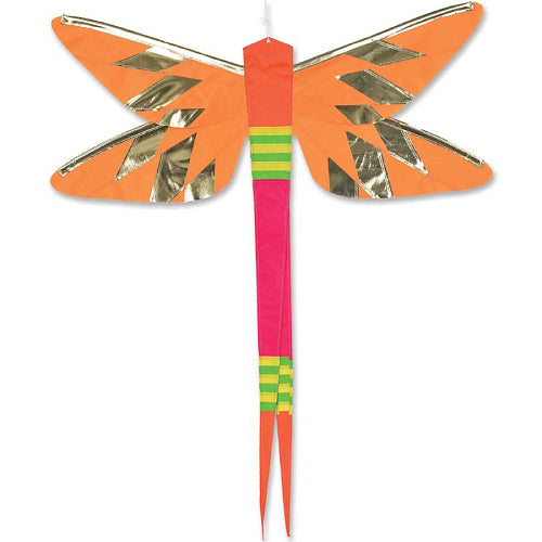 Yellow-orange damselfly hanging banner with metallic gold wing veining, pink tail, and lime green striped bands — SoundWinds outdoor garden décor