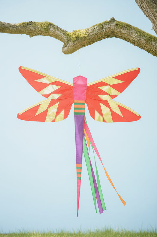 DAMSELFLY Hanging Banner - Red dragonfly-shaped SoundWinds windsock for garden decor