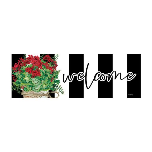 Decorative sign with potted geraniums and the word 'welcome' on a white and black striped background