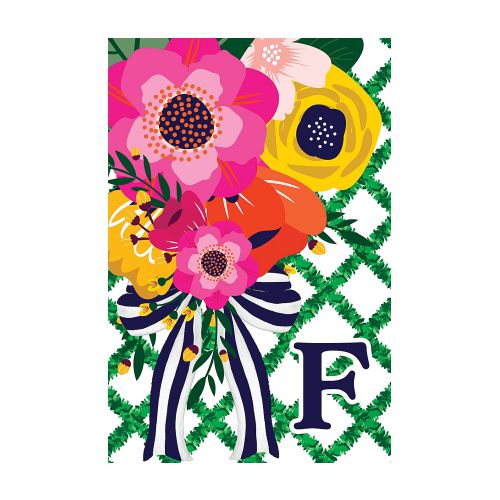 Colorful floral design with a letter 'F' on a green and white lattice background