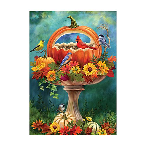 5462FM_Pumpkin-Feeder-garden-size-fall-birdbath-flag-12-x-18