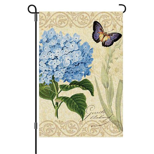 56059_Botanical-Fresh-Blue-garden-size-hydrangea-and-butterfly-flag-12-x-18