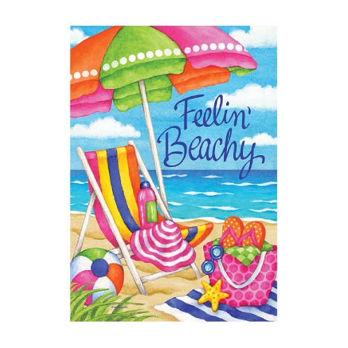 Colorful beach scene with umbrella, chair, and accessories on a white background