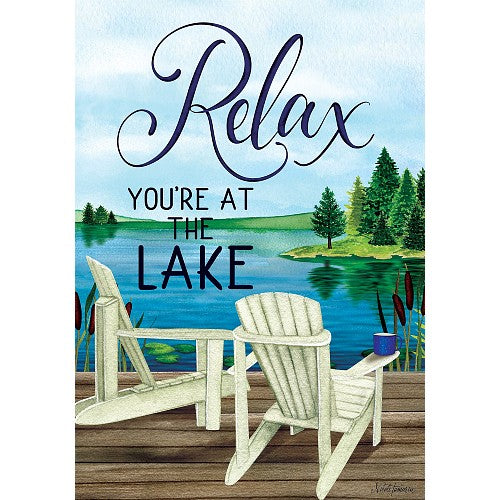 Two Adirondack chairs on a dock with a lake and trees in the background, and text 'Relax you're at the lake'.