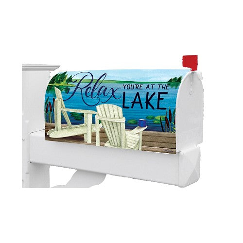 White mailbox with a decorative panel featuring 'Relax You're at the Lake' and images of chairs by a lake.