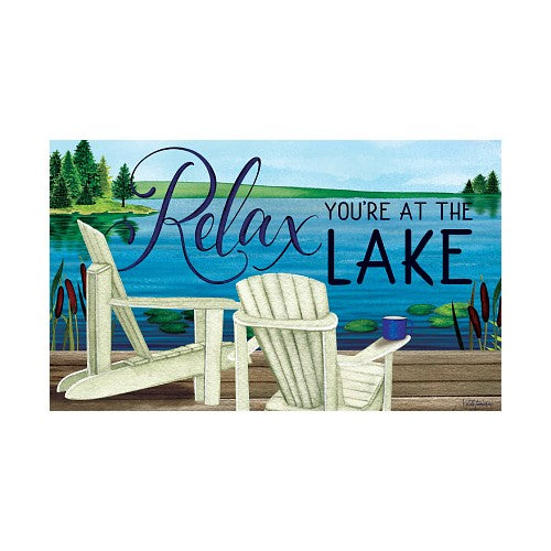 Two Adirondack chairs on a dock with 'Relax You're at the Lake' text over a lake scene.