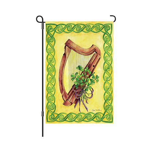 Celtic Harmony Irish harp and shamrock garden flag for St. Patrick's Day