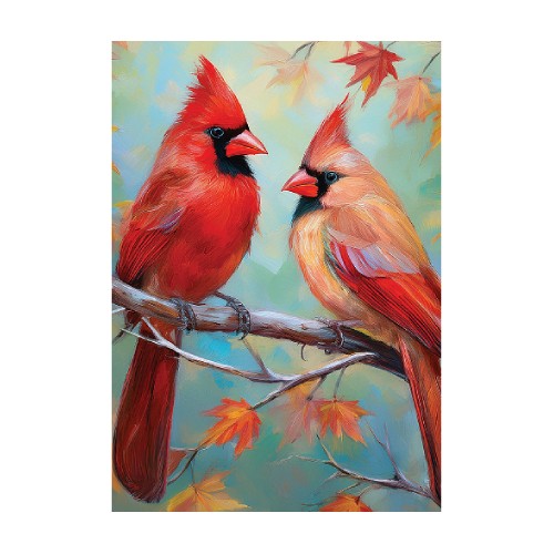 Two cardinals on a branch with autumn leaves in the background