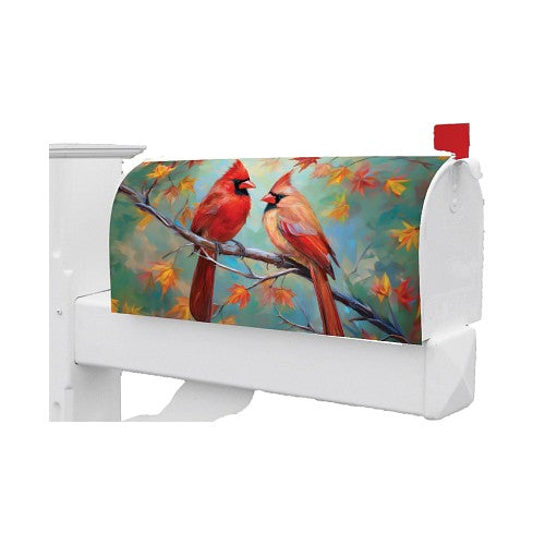 Fall mailbox cover with a beautiful rendering of two cardinals on a branch.