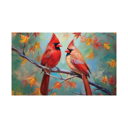 Two cardinals on a branch with autumn leaves in the background