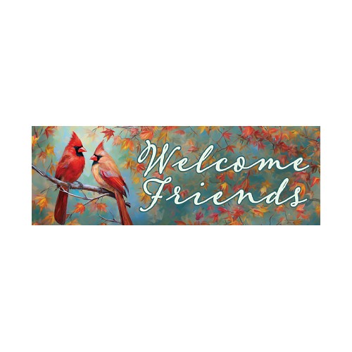 Two cardinals on a branch with autumn leaves and 'Welcome Friends' text on a blue background