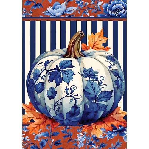 Decorative pumpkin with blue floral and leaf patterns on a striped background