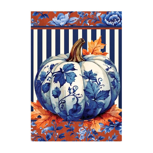 Decorative pumpkin with blue floral and leaf patterns on a striped background