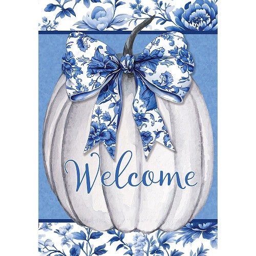 Decorative pumpkin with blue floral bow and 'Welcome' text on a blue background