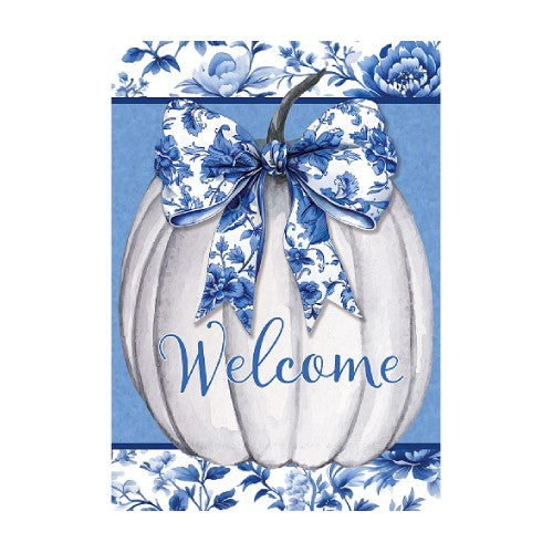 Decorative pumpkin with a blue floral bow and 'Welcome' text on a blue floral background