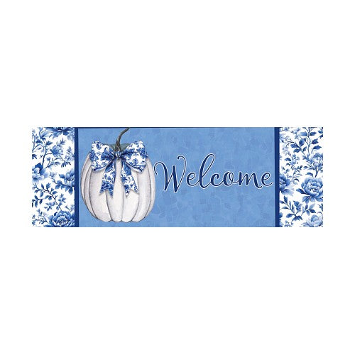 Decorative fall yard sign with white pumpkins, blue floral patterns, and the word 'Welcome' on a blue background.