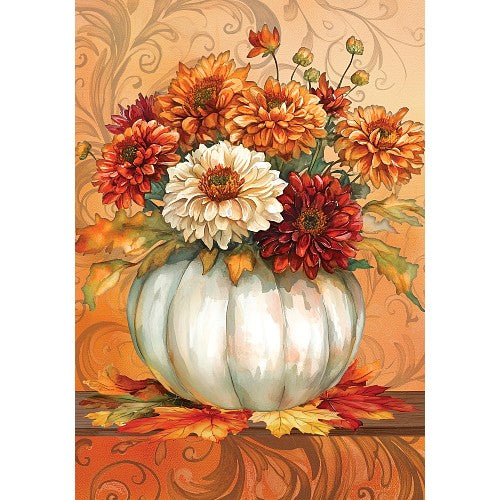 Decorative image of a pumpkin with autumn flowers on an ornate background