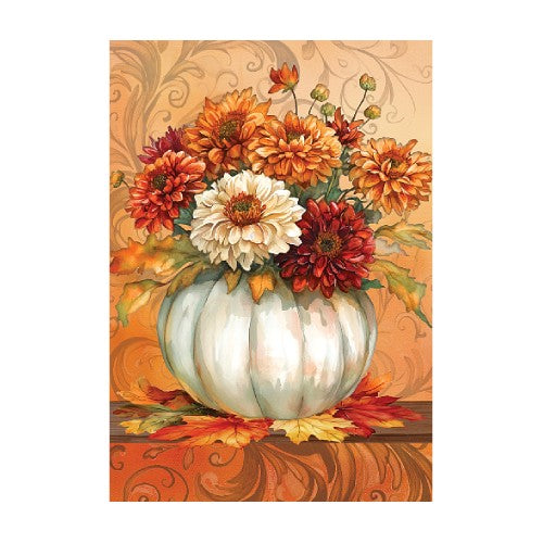 Decorative image of a pumpkin with autumn flowers on an ornate background