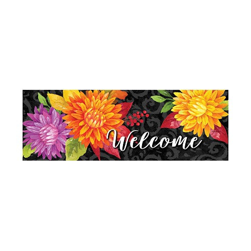Decorative yard sign with colorful flowers and the word 'Welcome' on a black background