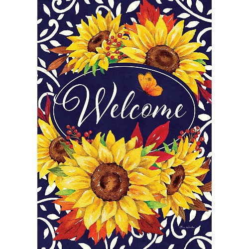 Decorative flag with sunflowers and the word 'Welcome' on a blue background