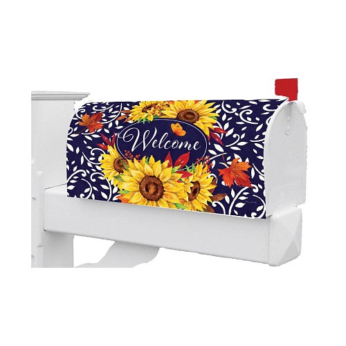 Decorative mailbox cover featuring sunflowers and the word 'Welcome' on a blue background