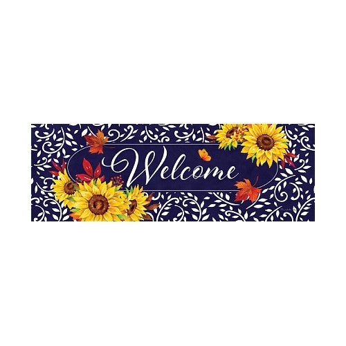 Decorative yard sign featuring sunflowers and leaves on a blue background with 'Welcome' text.