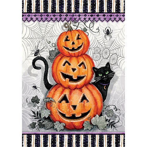 Halloween-themed flag with smiling Jack-O-Lanterns, a black cat, and spider webs with stripes at the top and bottom