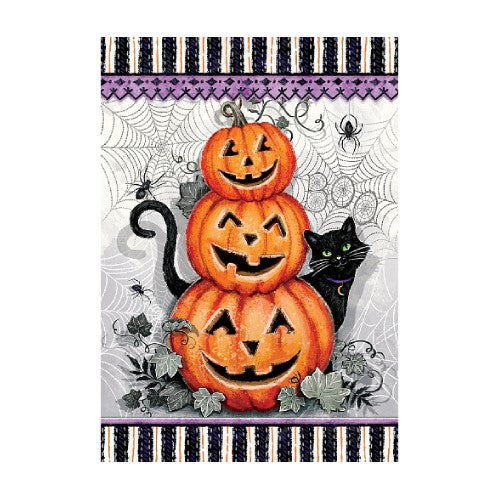 Halloween-themed decorative flag with smiling jack-o-lanterns, a black cat, and spiders with decorative stripes top and bottom.