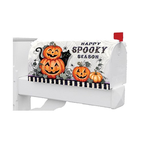Halloween-themed mailbox cover with smiling jack o'lanterns, a black cat and text reading Happy Spooky Season on a white background