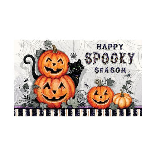 Halloween-themed doormat with jack o'lanterns, a black cat, and 'Happy Spooky Season' text on a spider web background.