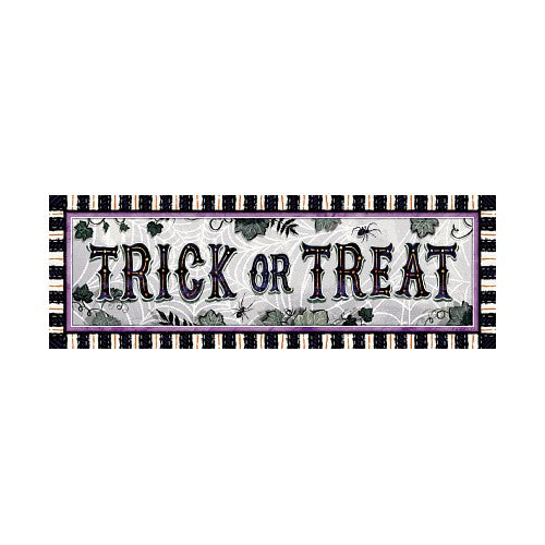 Decorative sign with 'Trick or Treat' text on a spider web background