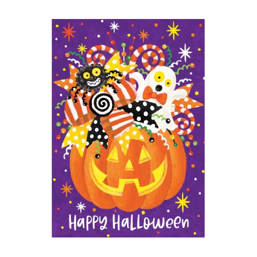 Halloween-themed garden flag with a jack 0'lantern, ghosts, and candy on a purple background.