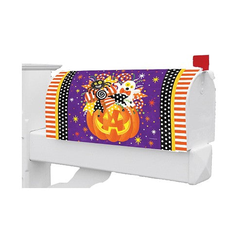 Halloween-themed mailbox cover with jack 0'lantern, ghosts, and cats on a purple background.