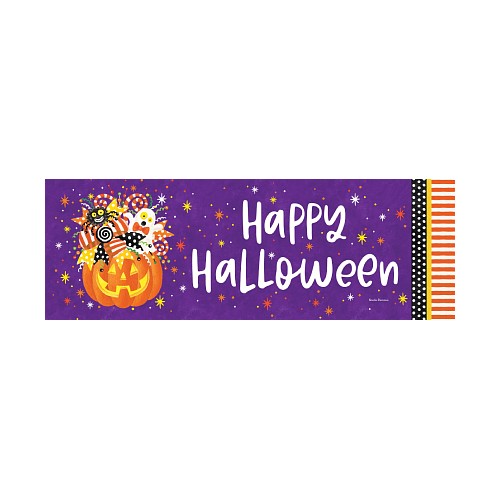 Halloween-themed banner with a pumpkin and decorative elements and a Happy Halloween message on a purple background