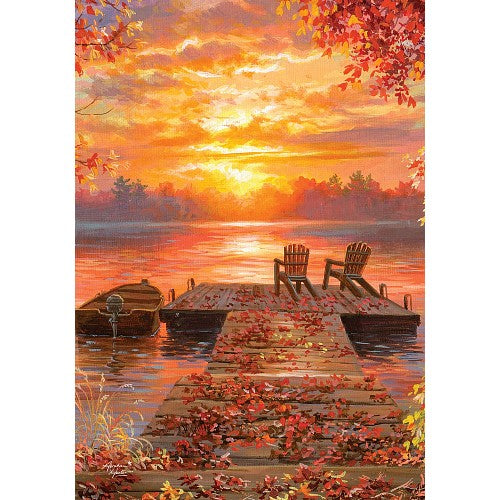 Painting of a dock with chairs at sunset, surrounded by autumn leaves.