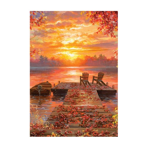 Painting of a dock with chairs at sunset on a lake, surrounded by autumn leaves.
